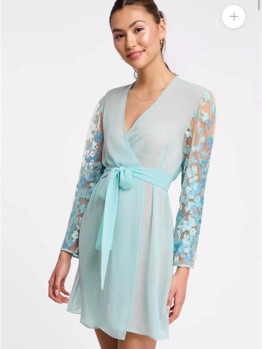 Sheer Light Blue Lace-Sleeve Wrap Robe with Tie Waist